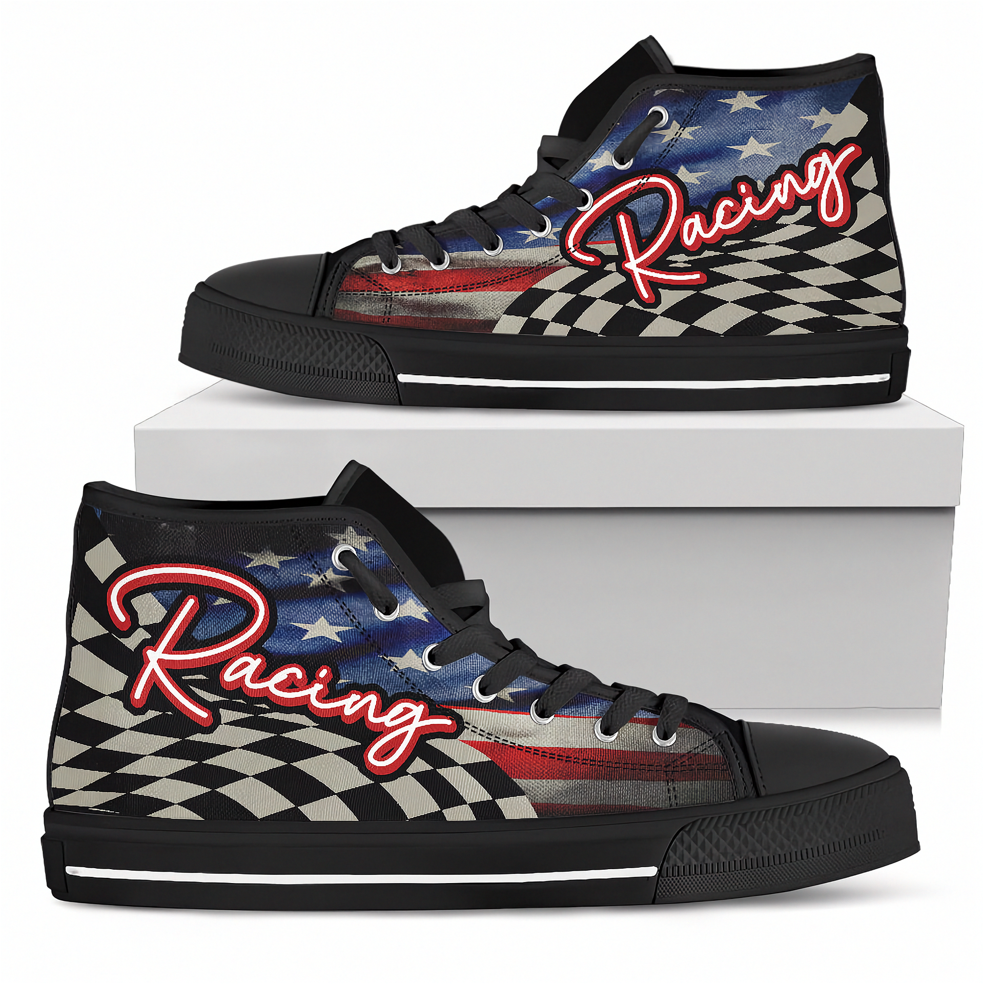  black high-top shoes with racing design on a white background