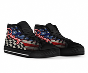  black high-top shoes with racing design.