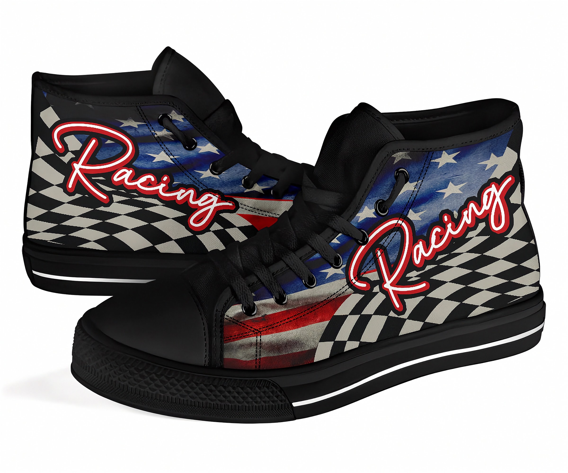  black high-top shoes with racing design on a white background