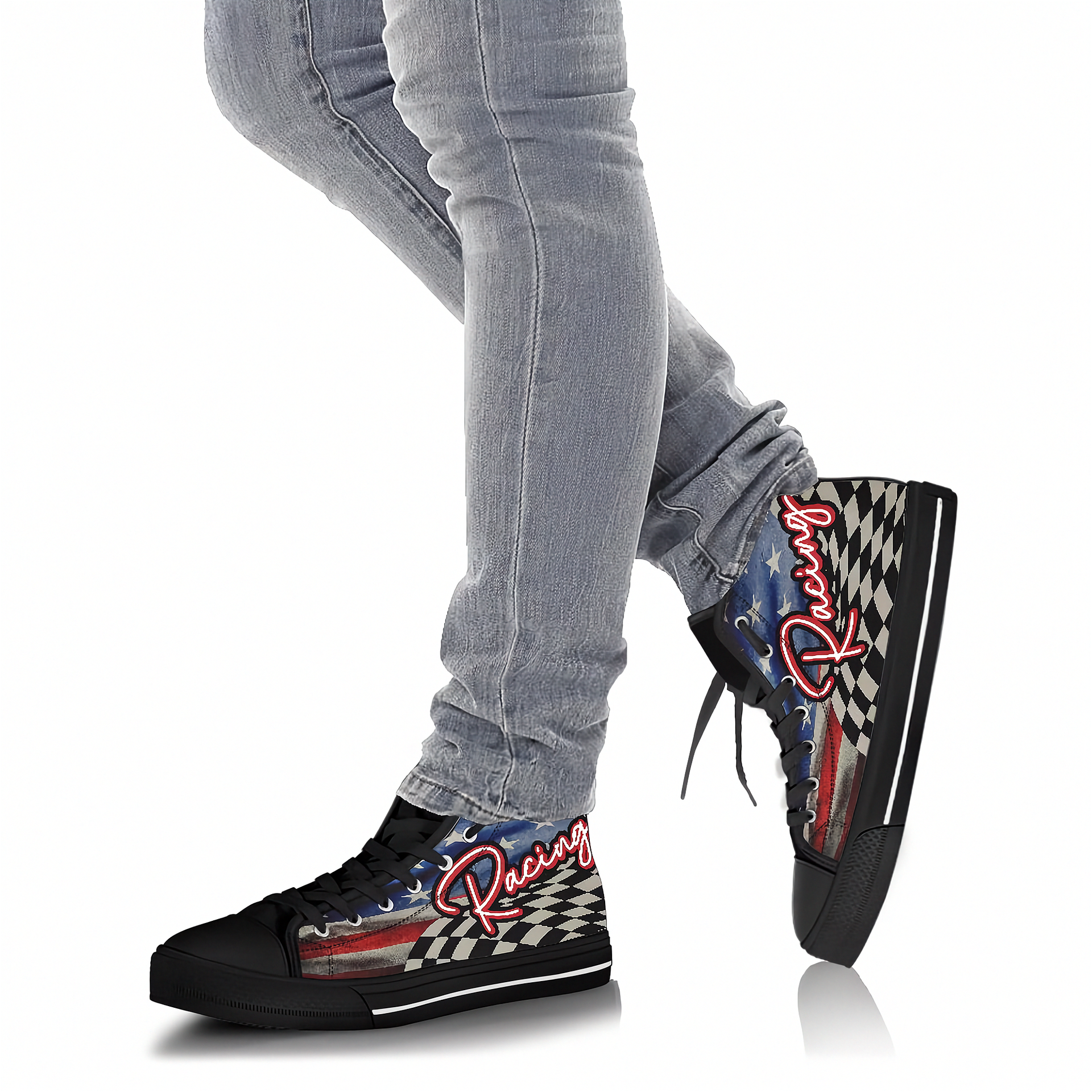 Man wearing black high-top shoes with racing design on a white background