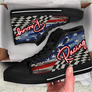 High-top sneakers with American flag and racing design on a white background