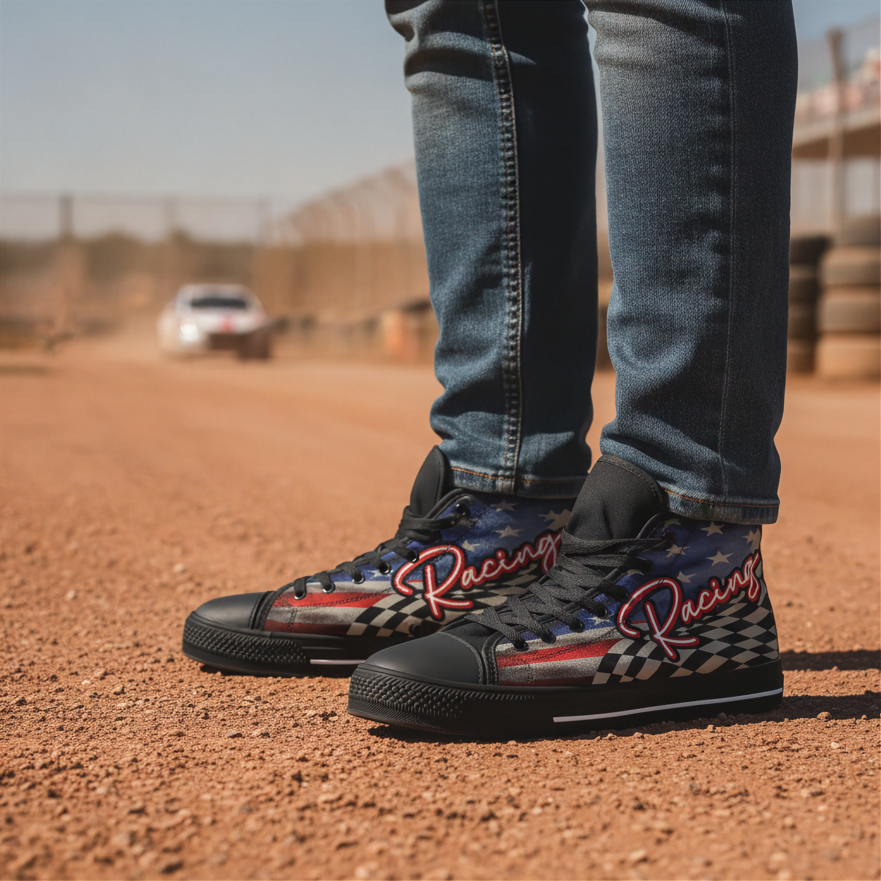 Person wearing checkered racing shoes on a dirt track with a blurred car in the background.