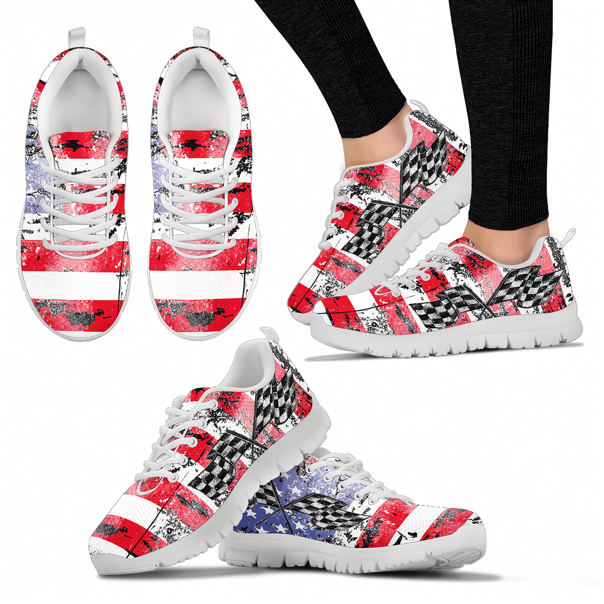 A set of athletic sneakers shown from multiple angles on a white background, with one pair worn on a lower leg. The shoes have a bold abstract pattern in red, white, black, and some blue, with white laces and white soles.