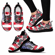 A set of low-top athletic sneakers shown from multiple angles on a white background, with one pair worn on a person's feet. The shoes have a distressed American flag-inspired pattern with red, white, and blue stripes, black checkered flag motifs, and black laces and soles.
