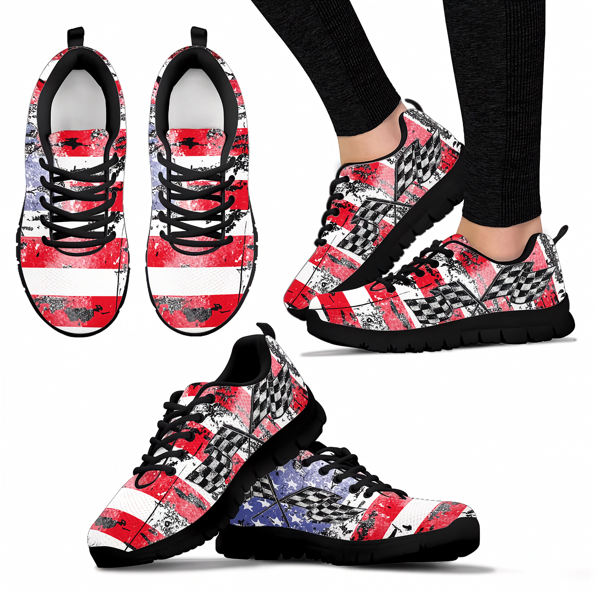 A set of low-top athletic sneakers shown from multiple angles on a white background, with one pair worn on a person's feet. The shoes have a distressed American flag-inspired pattern with red, white, and blue stripes, black checkered flag motifs, and black laces and soles.
