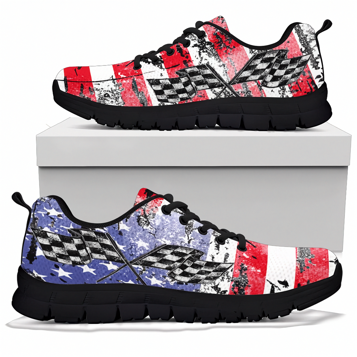 A pair of low-top athletic sneakers shown from the side, one resting on a white display block and one below it. The uppers feature a distressed American flag pattern with red, white, and blue stripes, black-and-white checkered racing flags, and black laces and soles.