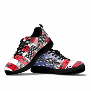 A pair of low-top athletic sneakers with a distressed American flag pattern featuring red, white, and blue sections, black checkered flag motifs, and black laces and soles, shown on a plain white background.