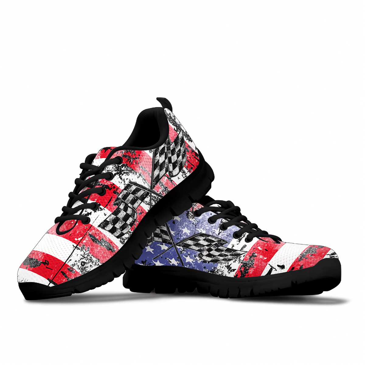 A pair of low-top athletic sneakers with a distressed American flag pattern featuring red, white, and blue sections, black checkered flag motifs, and black laces and soles, shown on a plain white background.