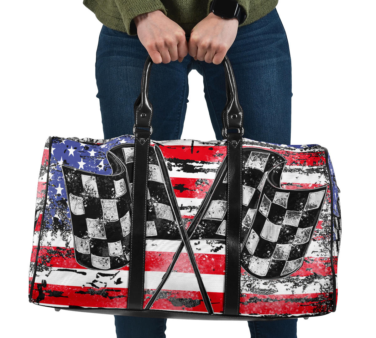 USA Racing Travel Bag featuring waterproof material, a custom patriotic motorsports design, padded handles, and an adjustable shoulder strap for track day gear.