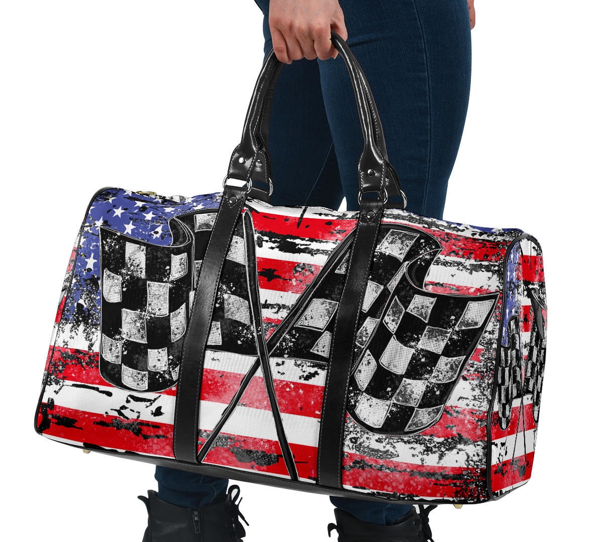 USA Racing Travel Bag featuring waterproof material, a custom patriotic motorsports design, padded handles, and an adjustable shoulder strap for track day gear.