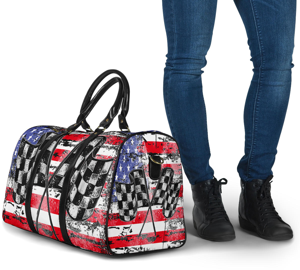 USA Racing Travel Bag featuring waterproof material, a custom patriotic motorsports design, padded handles, and an adjustable shoulder strap for track day gear.