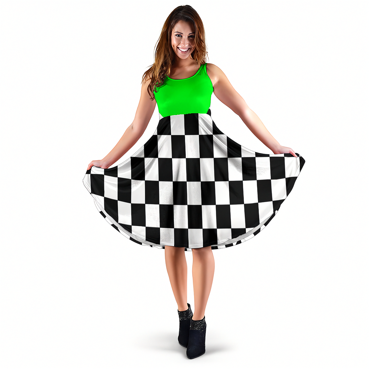 Unique mixed pistachio green and black checkered flag dress, a custom-printed midi dress for demolition derby and racing fans.