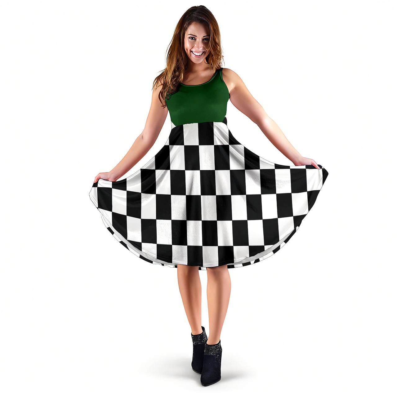 Vibrant mixed green and black checkered flag dress for women, the ultimate race day outfit with a flattering silhouette and pockets.