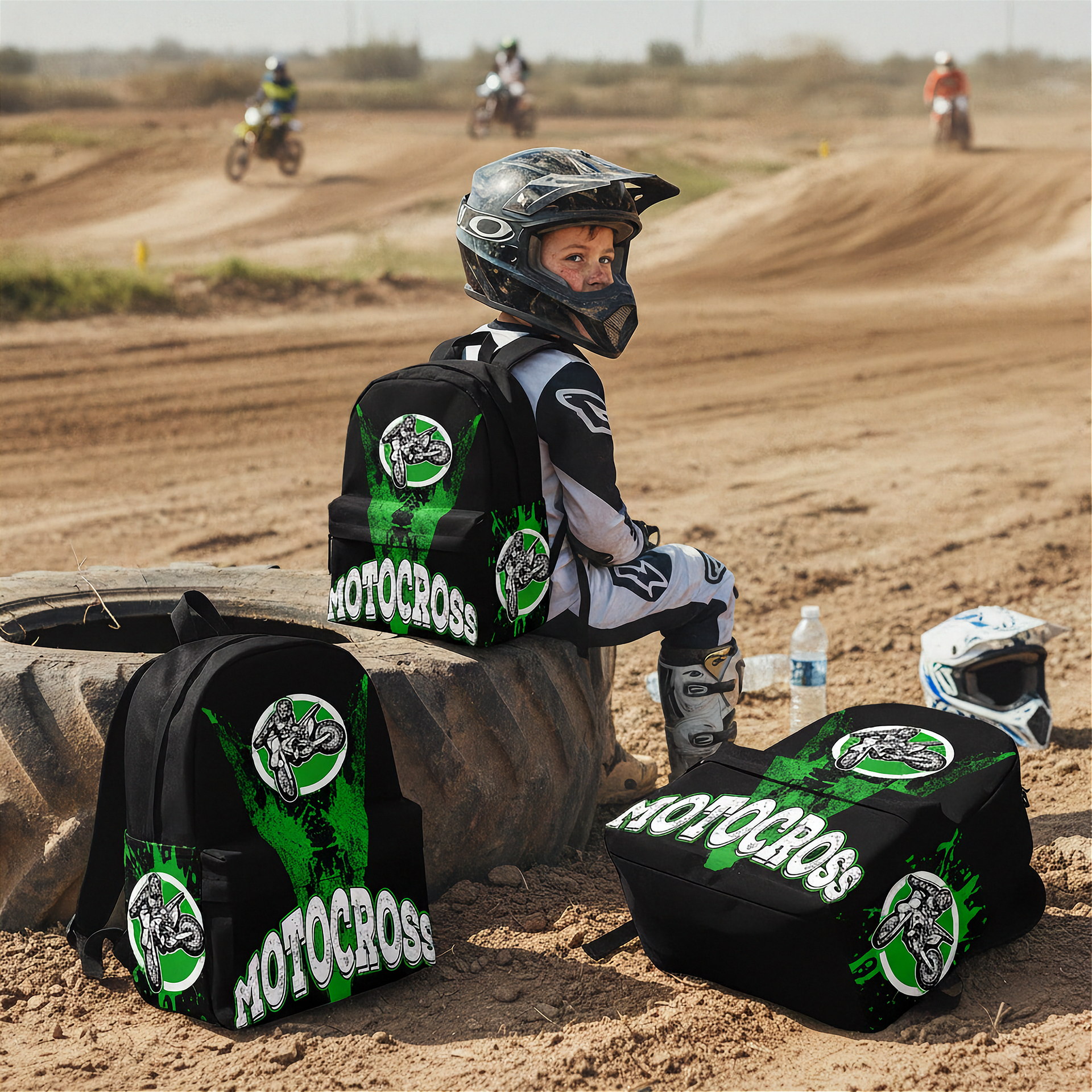 A child wearing motocross gear sits on a tire at a dirt track, with three black and green motocross backpacks around them. One backpack is worn on the child's back, and two are placed on the ground.