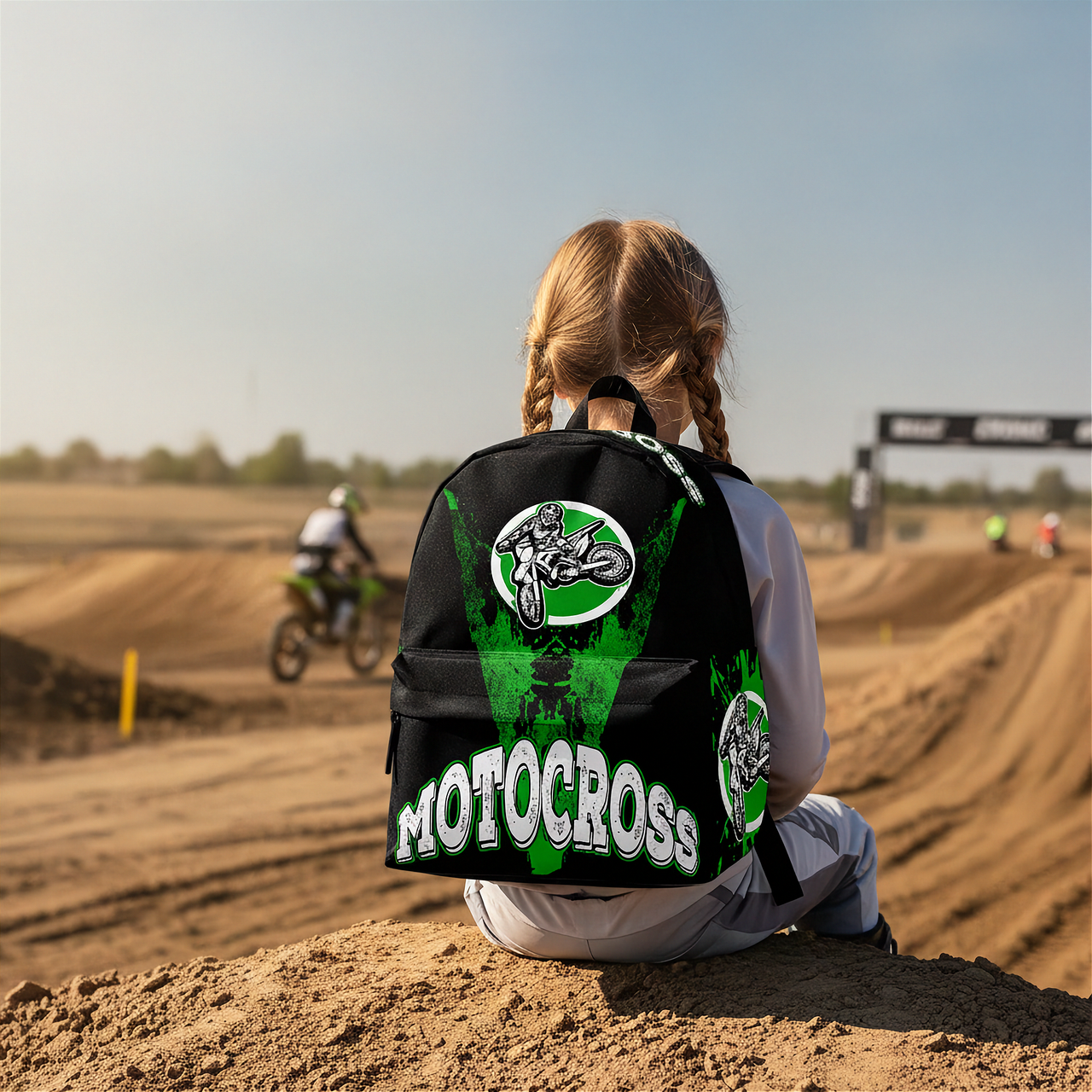 A girl with braided hair sits on a dirt mound at a motocross track, viewed from behind wearing a black backpack with a large green and white 'MOTOCROSS' graphic on the back.
