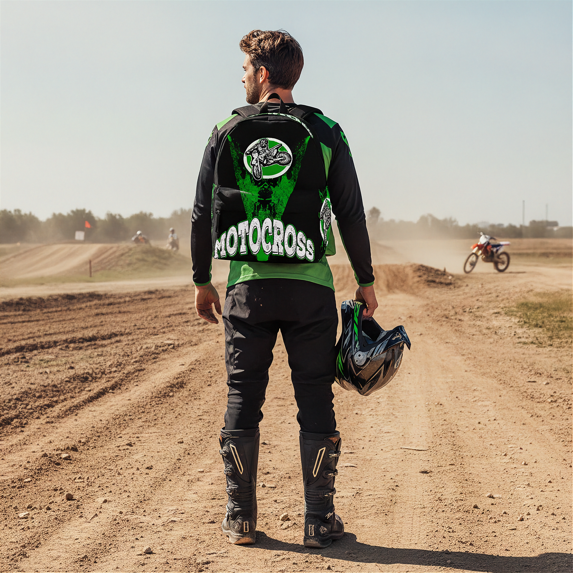 A man standing on a dirt motocross track, viewed from behind, wearing a black and green motocross jersey with 'MOTOCROSS' printed across the back, black pants, knee pads, and holding a helmet.