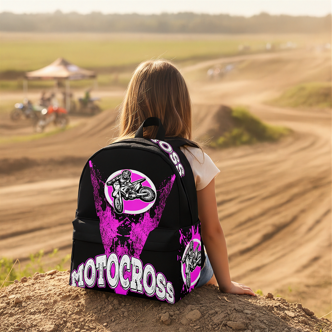 A person seen from behind sitting on a dirt mound at a motocross track, wearing a black backpack with bright pink and white graphics that read 'MOTOCROSS' and feature a motocross rider logo.