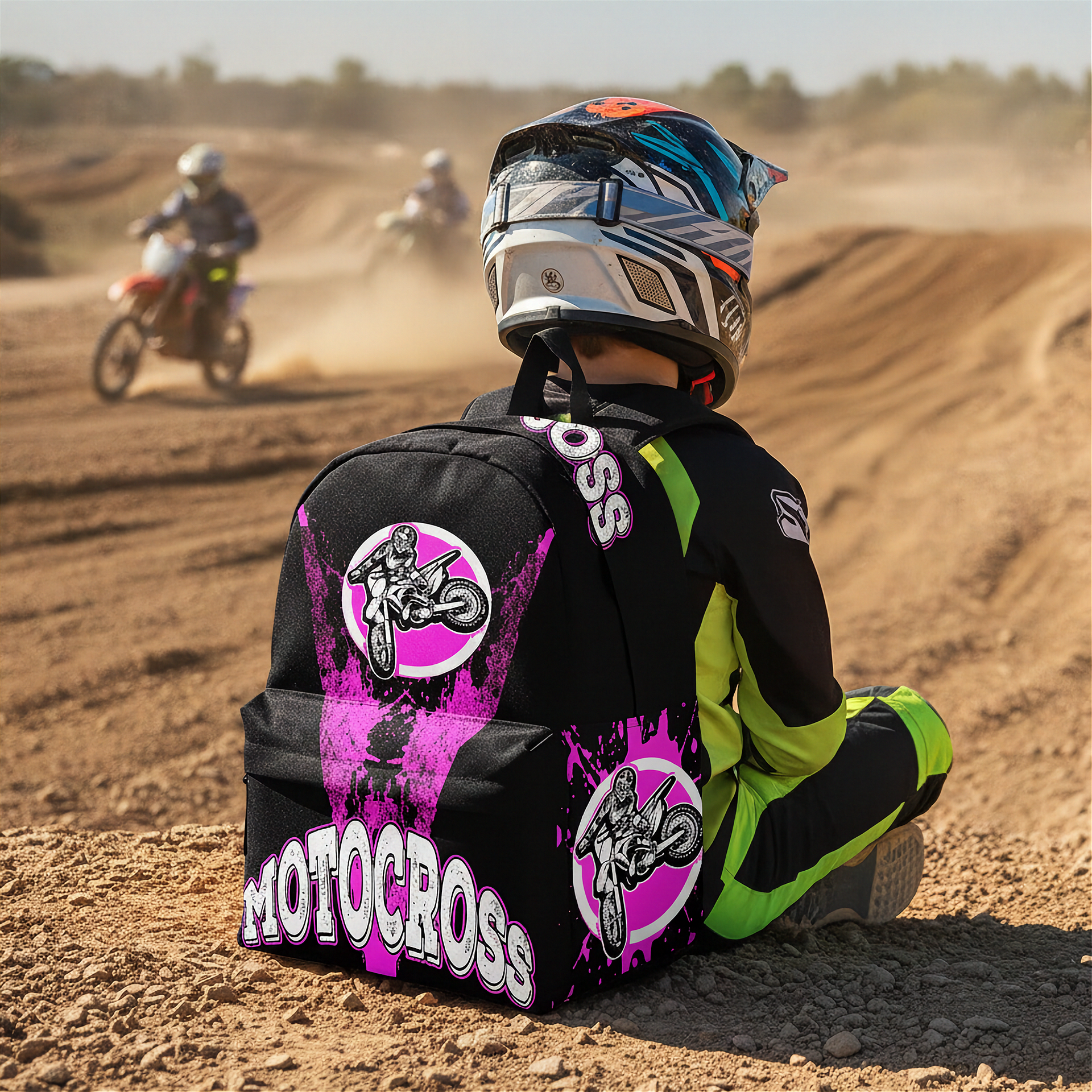 A motocross rider sits on a dirt track wearing a black, neon green, and pink printed jersey and helmet, with two riders kicking up dust in the background.