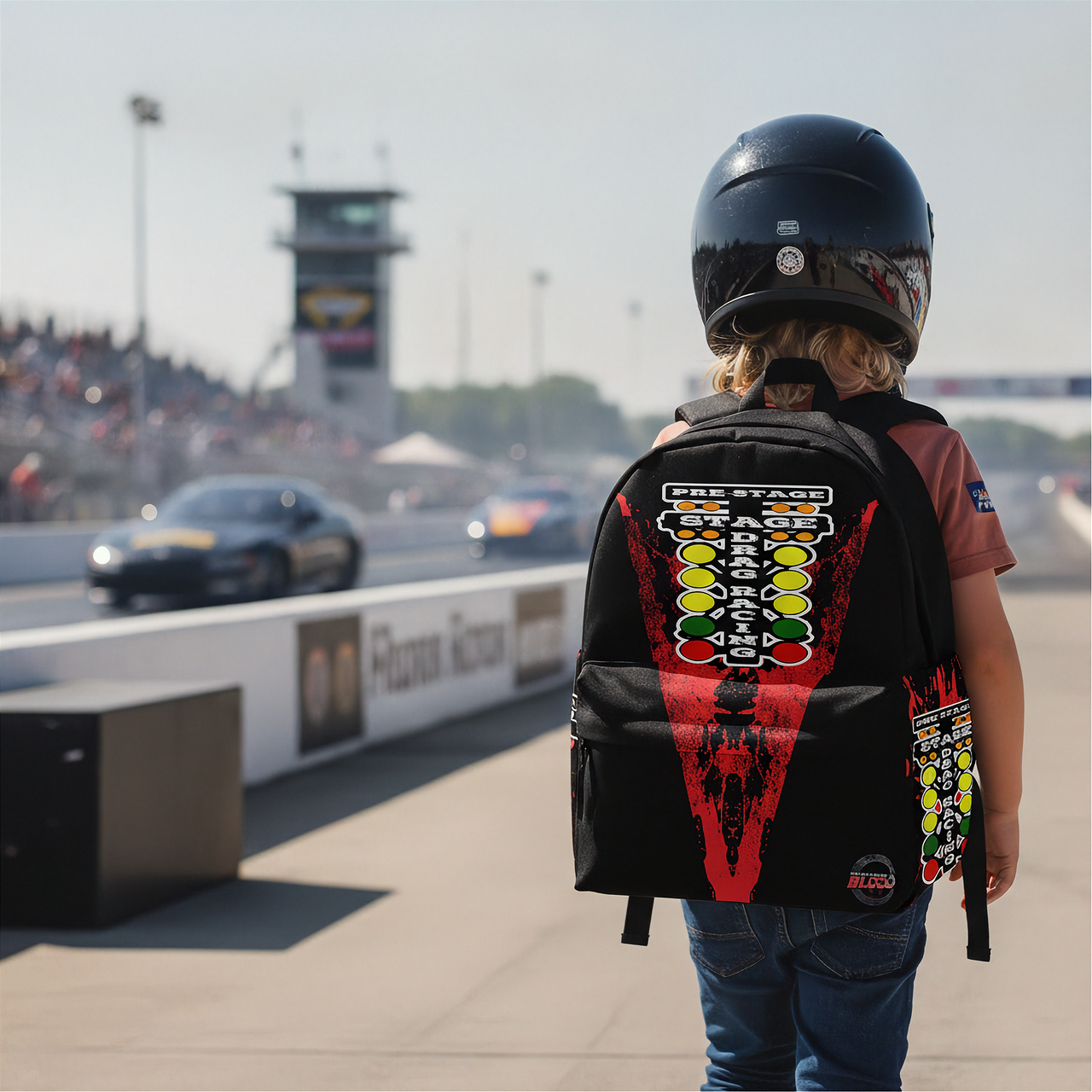 A child wearing a black racing helmet and a black backpack with a large red and yellow 'Prestige Racing' graphic stands on a racetrack, viewed from behind.