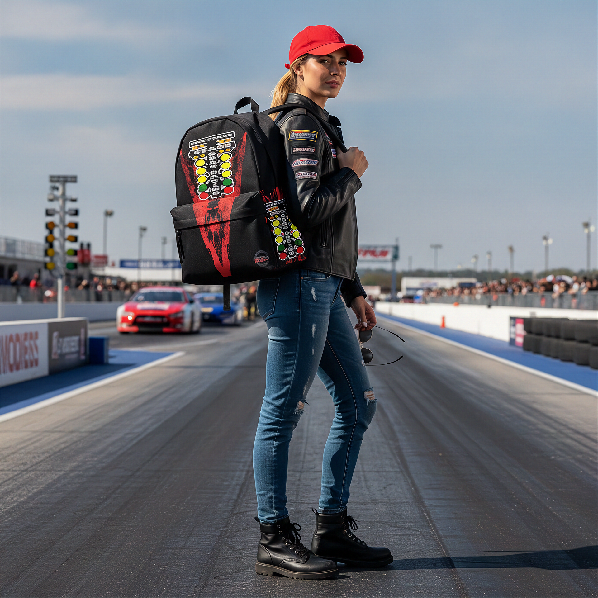 A woman stands on a racetrack wearing a red baseball cap, black leather jacket, blue jeans, and black boots, while carrying a black backpack with drag racing design and patches.