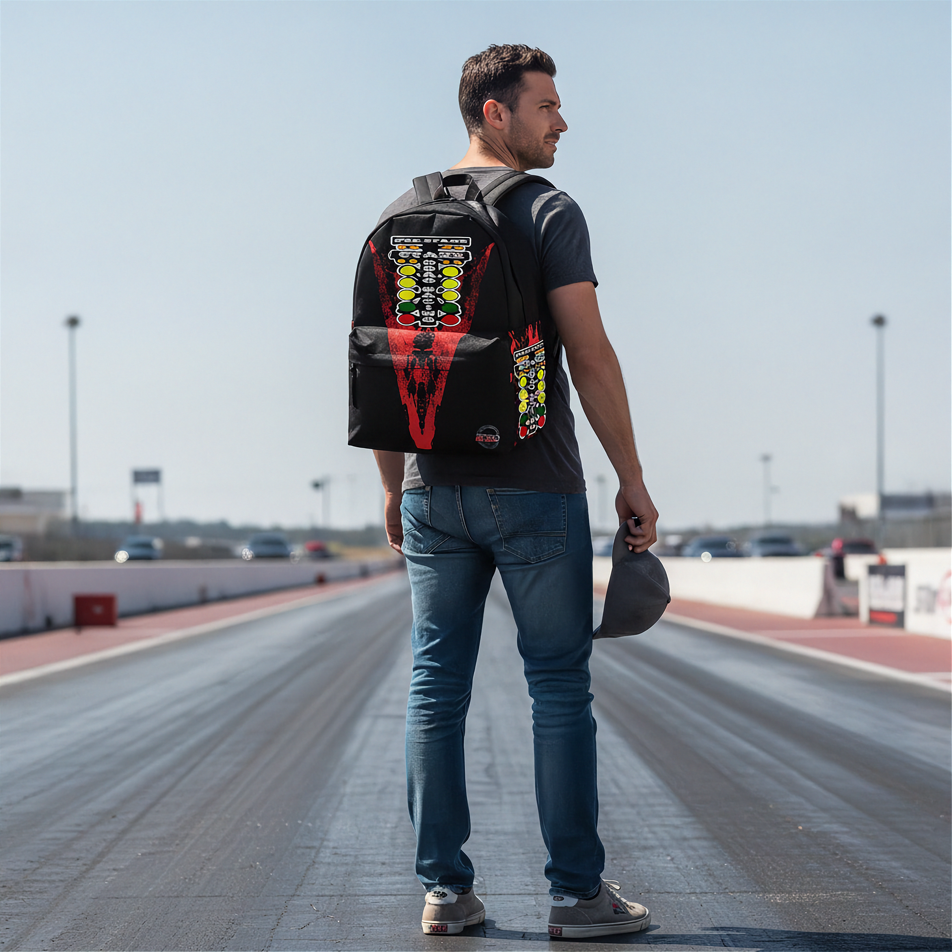 A man standing on a racetrack wearing a black backpack with a large red, yellow, and white graphic design on the back, a dark gray t-shirt, and blue jeans.
