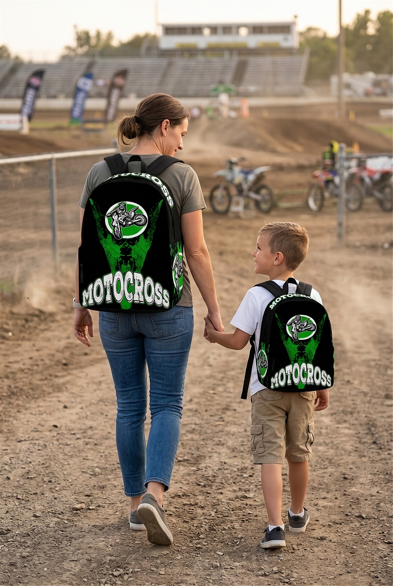 An adult and an 8 to 12 year old child walking together toward a dirt track racing oval, both wearing matching custom green motocross racing backpacks viewed from behind.