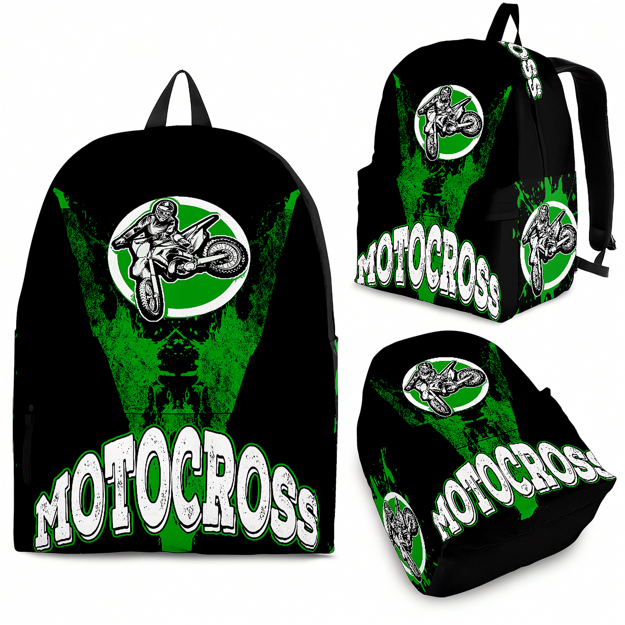 An adult and an 8 to 12 year old child walking together toward a dirt track racing oval, both wearing matching custom green motocross racing backpacks viewed from behind.