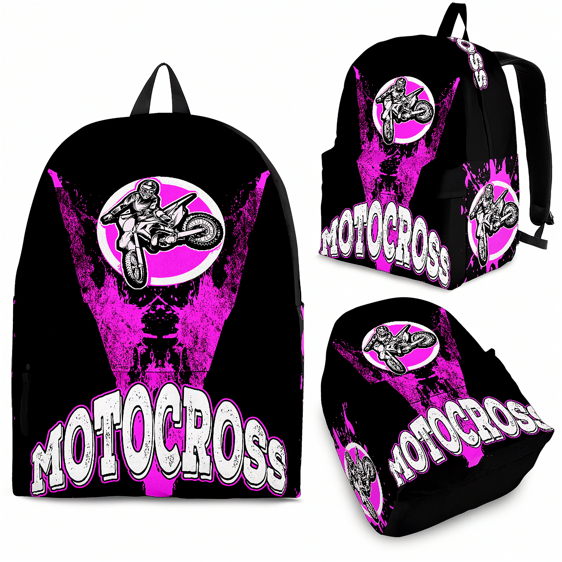 An adult and an 8 to 12 year old child walking together toward a dirt track racing oval, both wearing matching custom pink motocross racing backpacks viewed from behind.