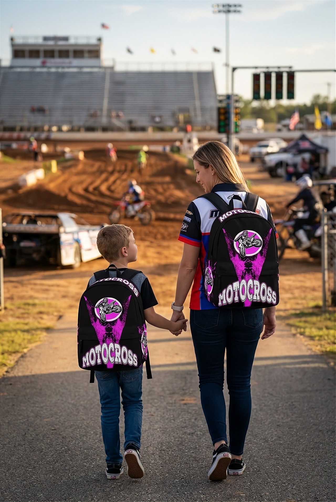An adult and an 8 to 12 year old child walking together toward a dirt track racing oval, both wearing matching custom pink motocross racing backpacks viewed from behind.