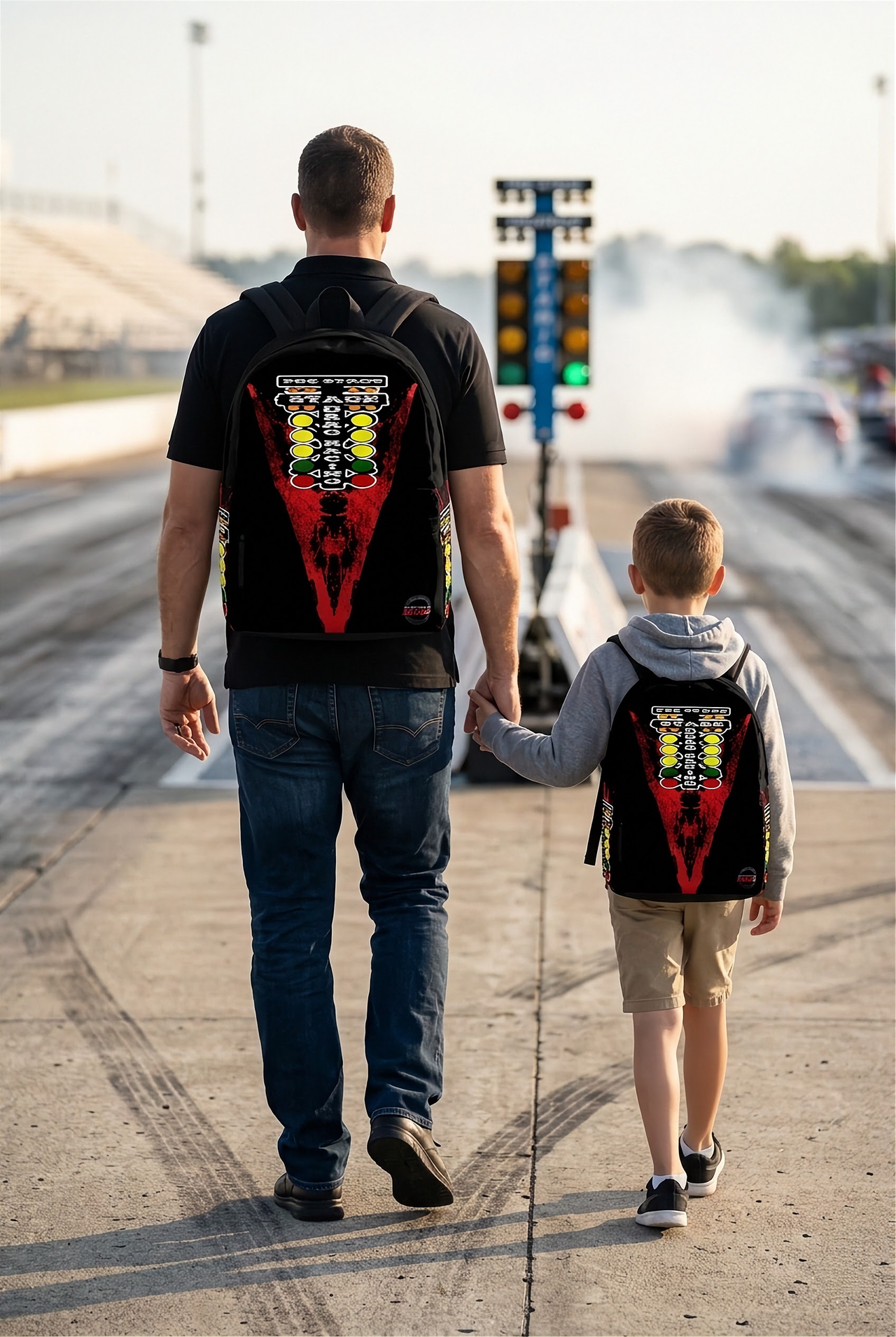 An adult man and an 8 to 12 year old child walking together down a drag strip towards staging lights, both wearing matching custom red drag racing track backpacks viewed from behind.