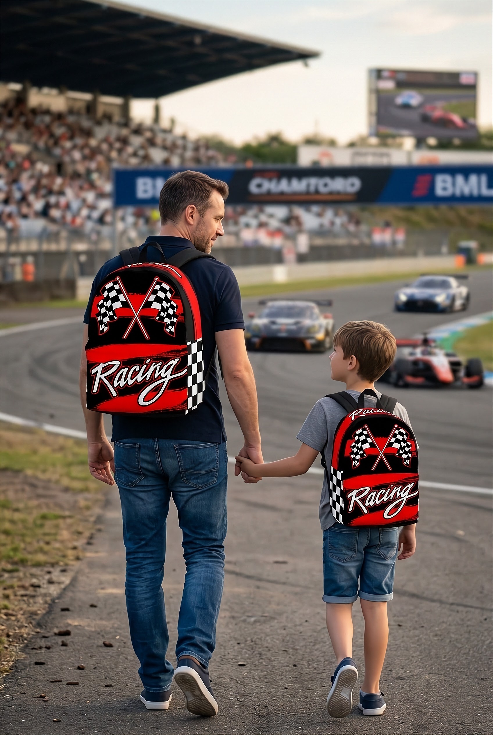 An adult man and an 8 to 12 year old child walking together along a professional race track pit lane, both wearing matching custom red racing track backpacks viewed from behind.