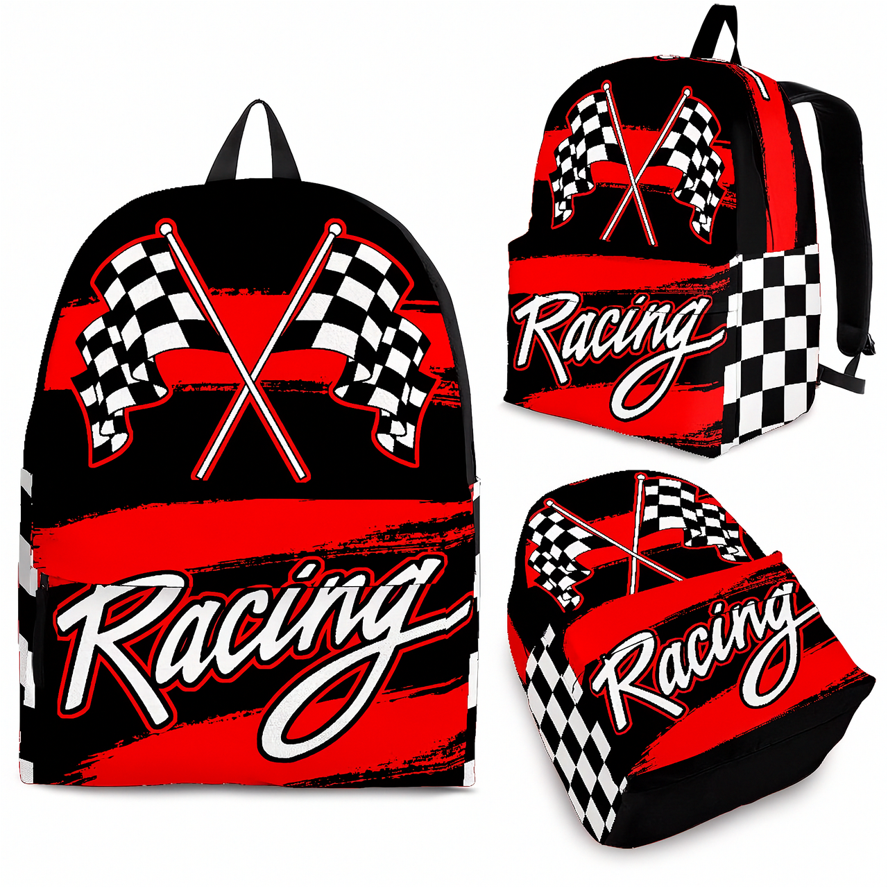 An adult man and an 8 to 12 year old child walking together along a professional race track pit lane, both wearing matching custom red racing track backpacks viewed from behind.