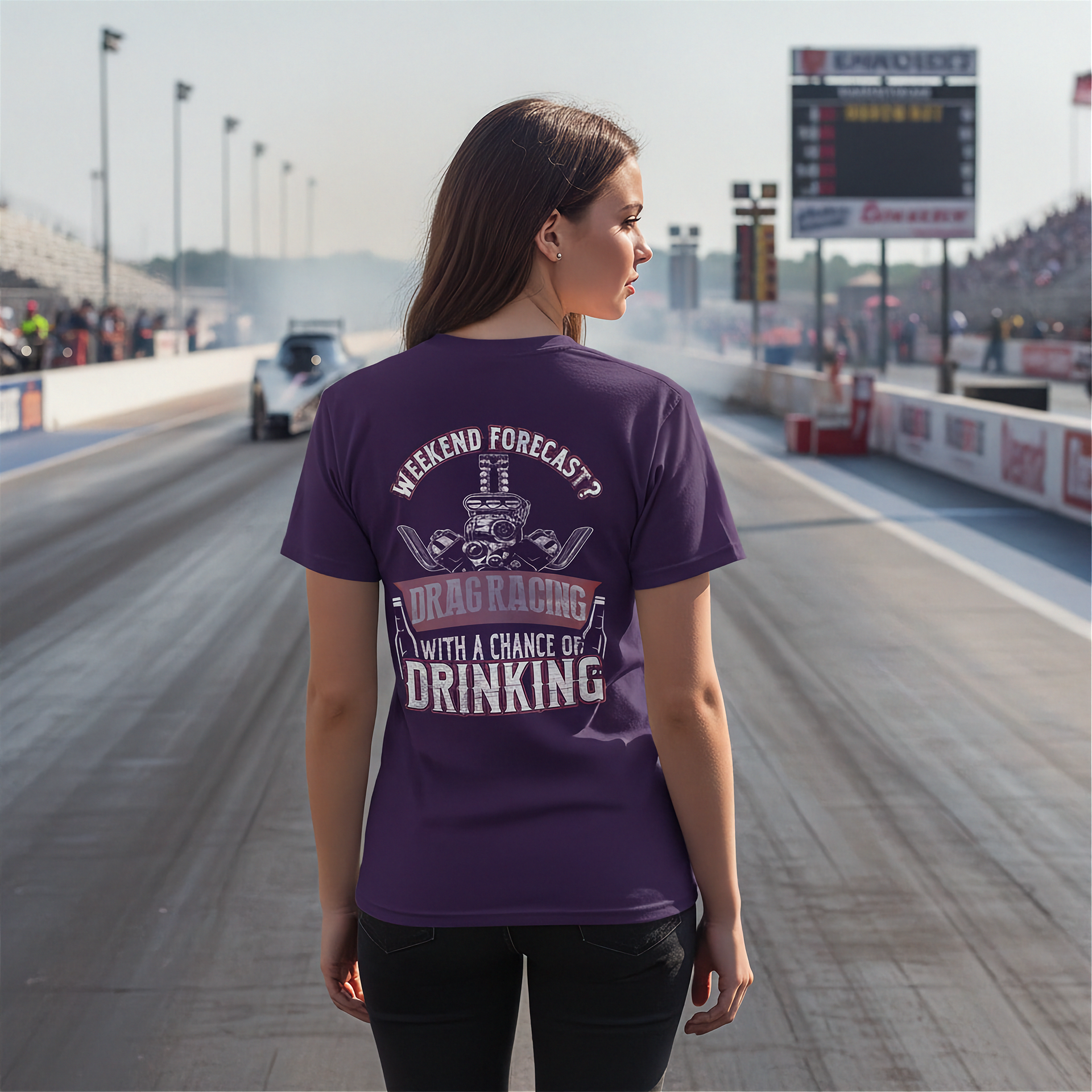 woman wearing a purple t-shirt with drag racing text at a race track.