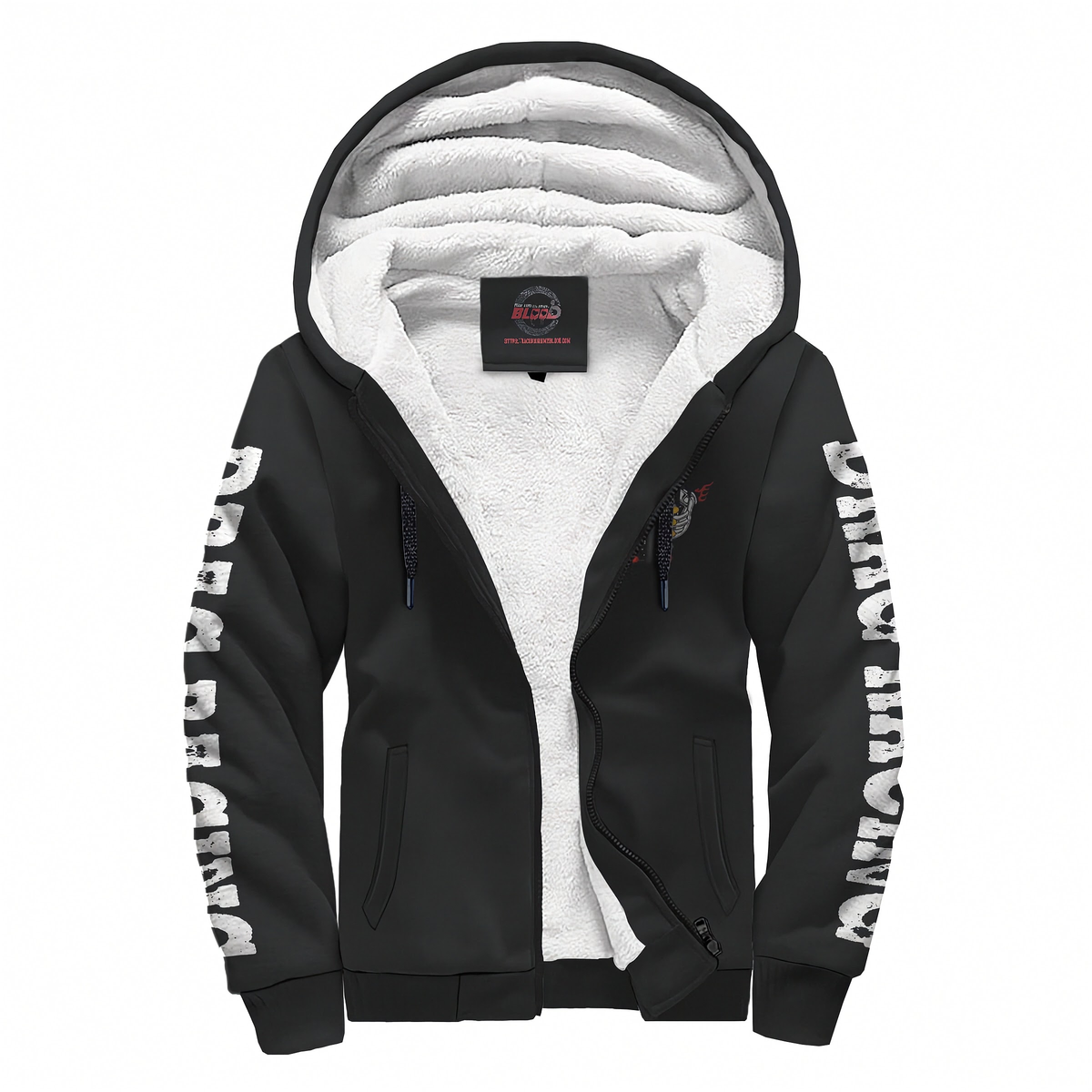 A black zip-up hooded jacket with a white sherpa lining, featuring white 'DRAG RACING' text printed down both sleeves and a small multicolor fish graphic on the left chest.