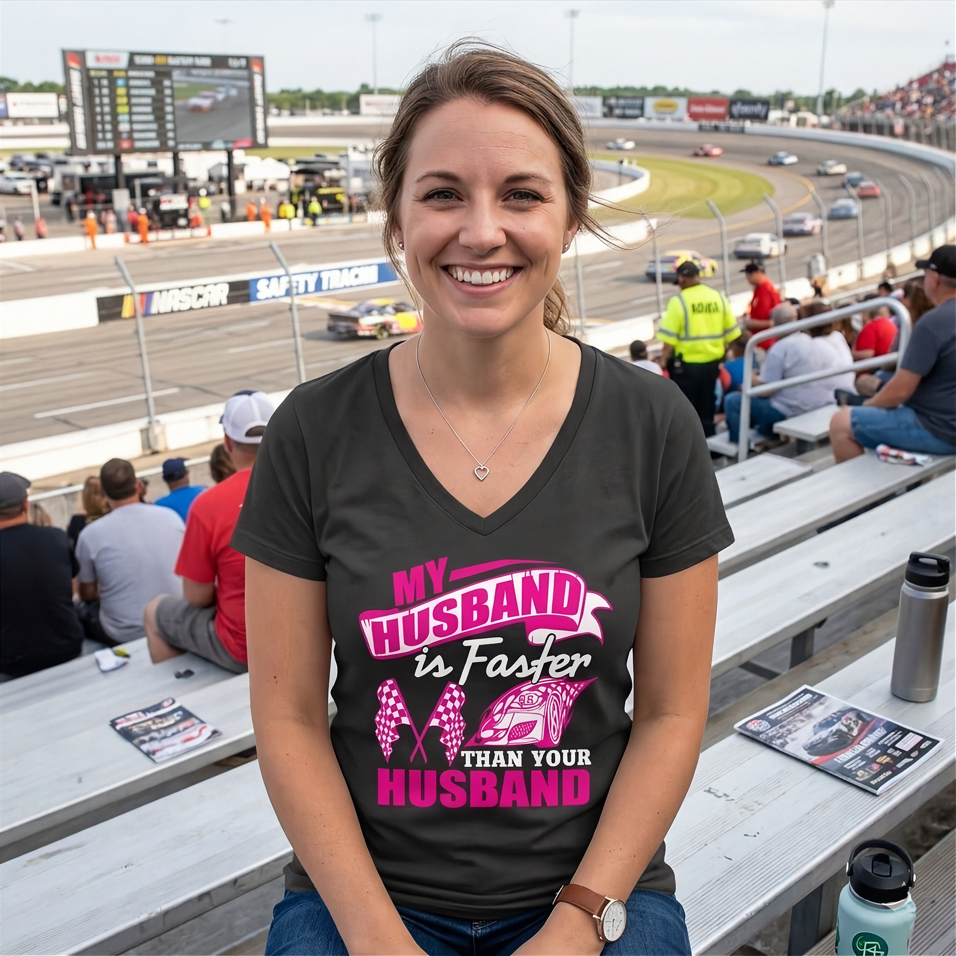 Woman sitting in the grandstands at a race track wearing a dark gray v-neck t-shirt with a pink and white graphic that reads "My Husband Is Faster Than Your Husband" alongside a race car and checkered flags.