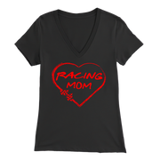 Black V-neck t-shirt with red 'Racing Mom' design on a white background