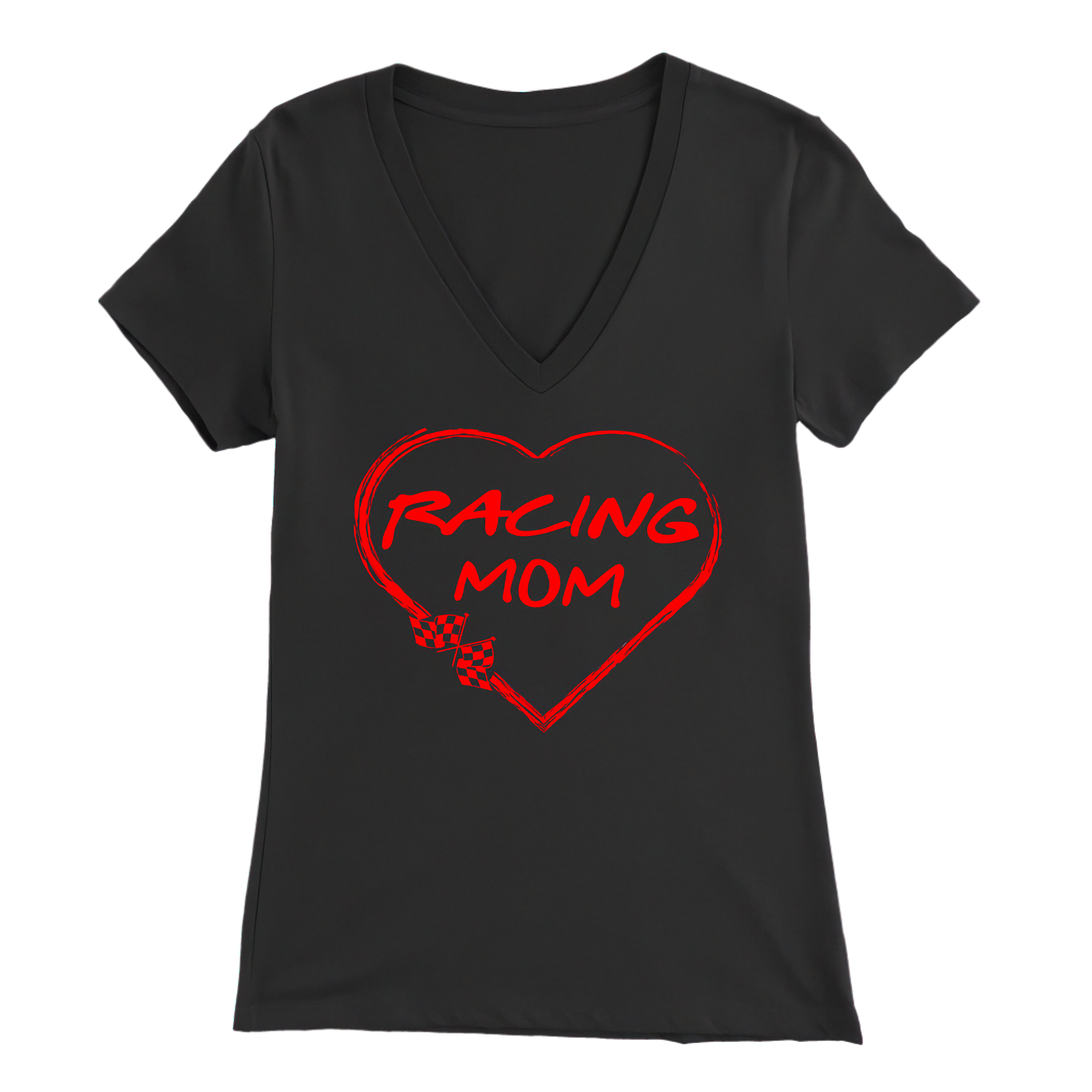 Black V-neck t-shirt with red 'Racing Mom' design on a white background