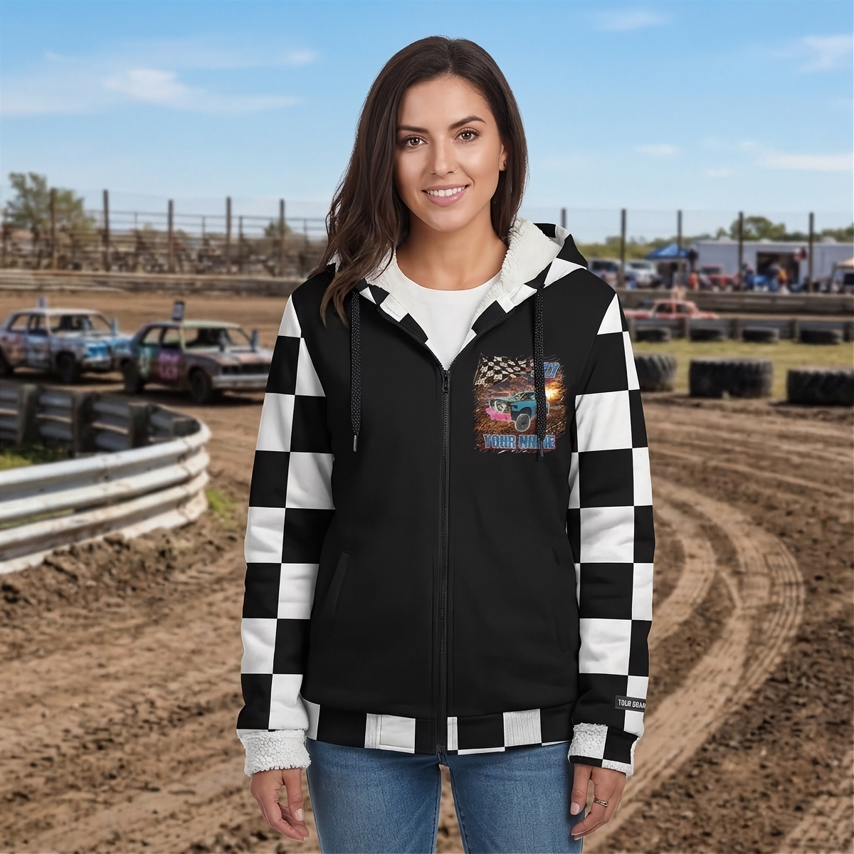 Woman wearing a personalized demolition derby sherpa jacket at the arena, showing checkered sleeves and custom chest artwork.