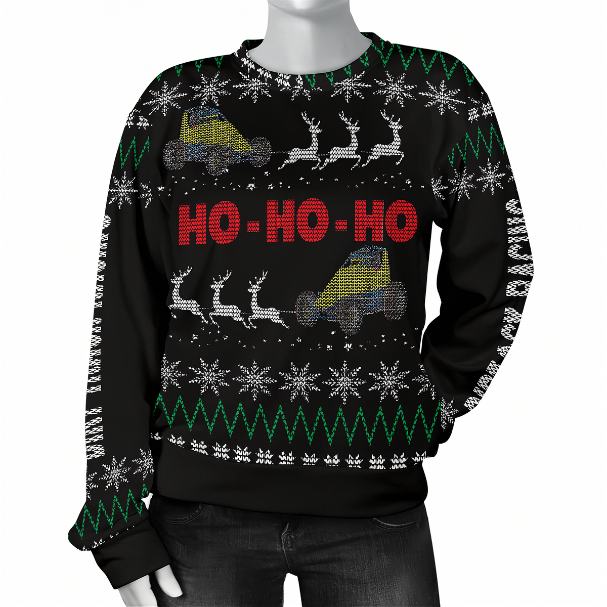 A black crewneck sweater displayed on a headless mannequin, featuring a festive holiday design with red 'HO-HO-HO' text, white snowflakes, green zig-zag patterns, and gray reindeer pulling sleds with yellow and blue ATVs.