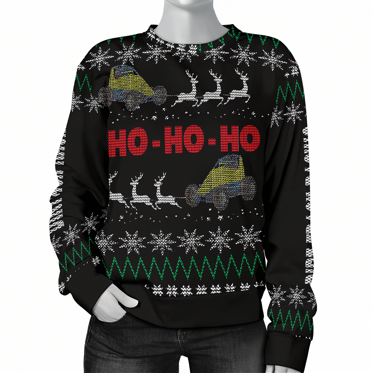 A black Christmas crewneck sweater with a festive knit pattern featuring red 'HO-HO-HO' text, white snowflakes, green zig-zag lines, and gray reindeer carrying yellow and blue cargo. The sweater is displayed on a headless mannequin torso against a plain white background.
