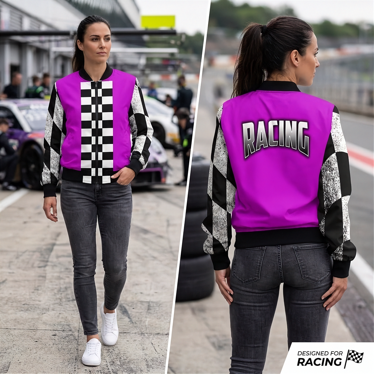 A woman wearing a bright purple and black checkered racing bomber jacket, shown in a split front and back view on a racetrack background. The jacket features a purple body, black and white checkered pattern on the chest and sleeves, and the word 'RACING' printed on the back.
