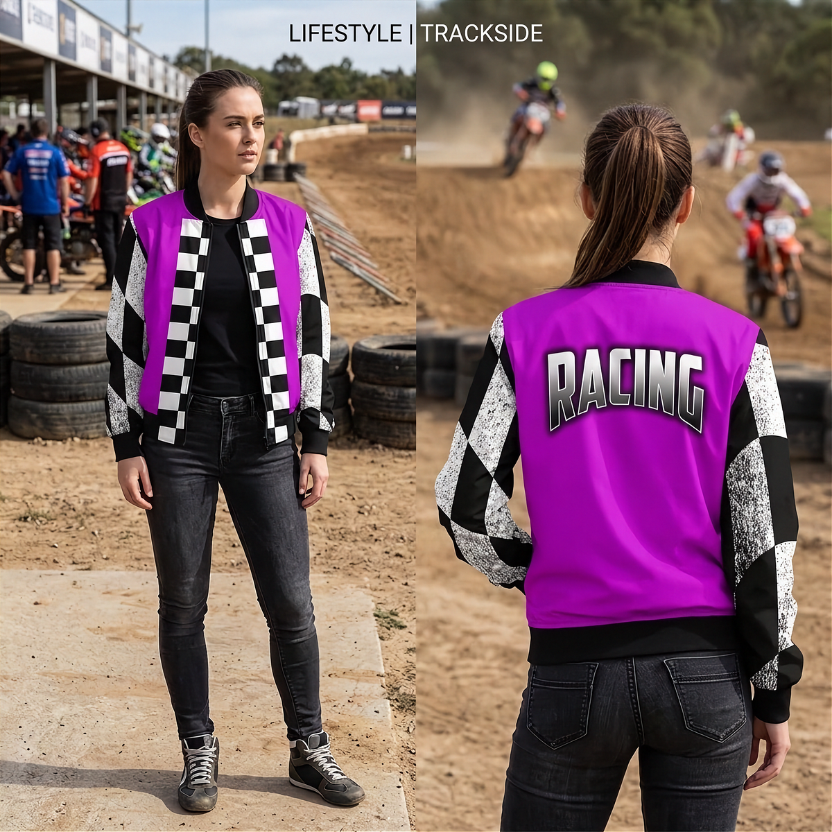 A woman modeling a bright purple and black checkered varsity-style jacket at an outdoor dirt track event, shown from both front and back views. The jacket features 'RACING' printed on the back.