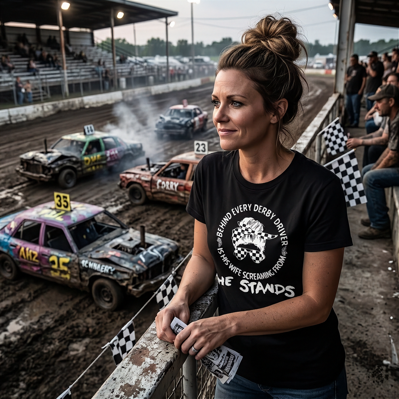 Women's demolition derby t-shirt with the bold "Behind Every Derby Driver Is His Wife Screaming From The Stands" design, available in multiple colors and styles.