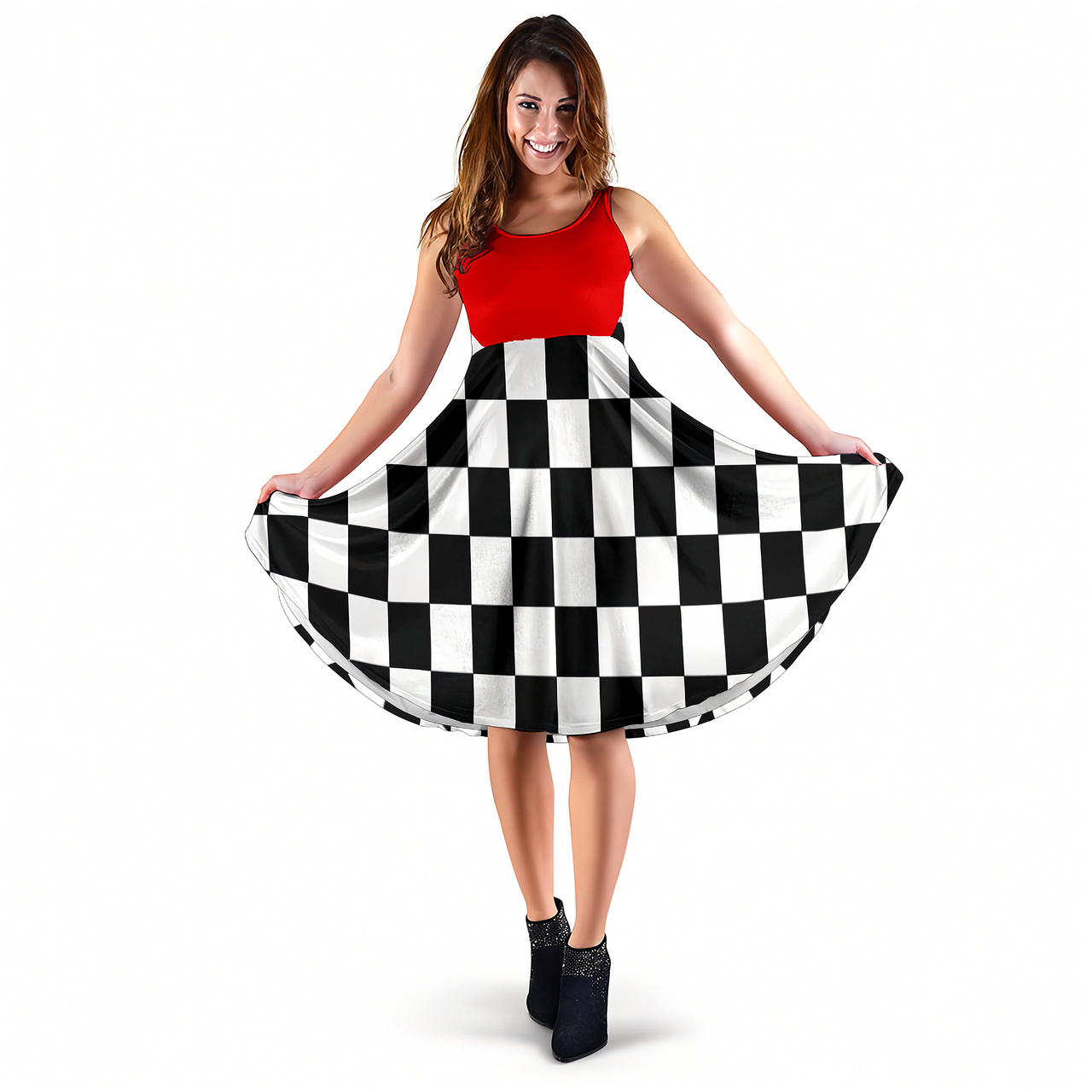 Women's midi dress featuring a mixed red and black checkered flag pattern, perfect for racing events and trackside fashion.