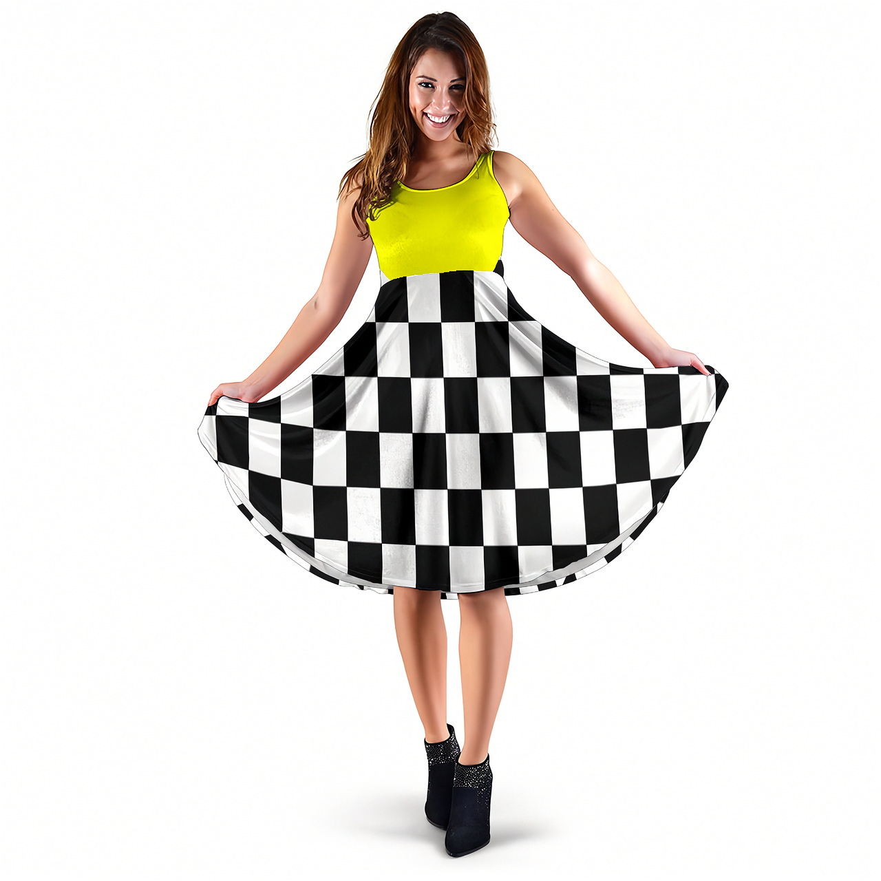 Women's midi dress featuring a mixed yellow and black checkered flag pattern, perfect for racing events and trackside fashion.