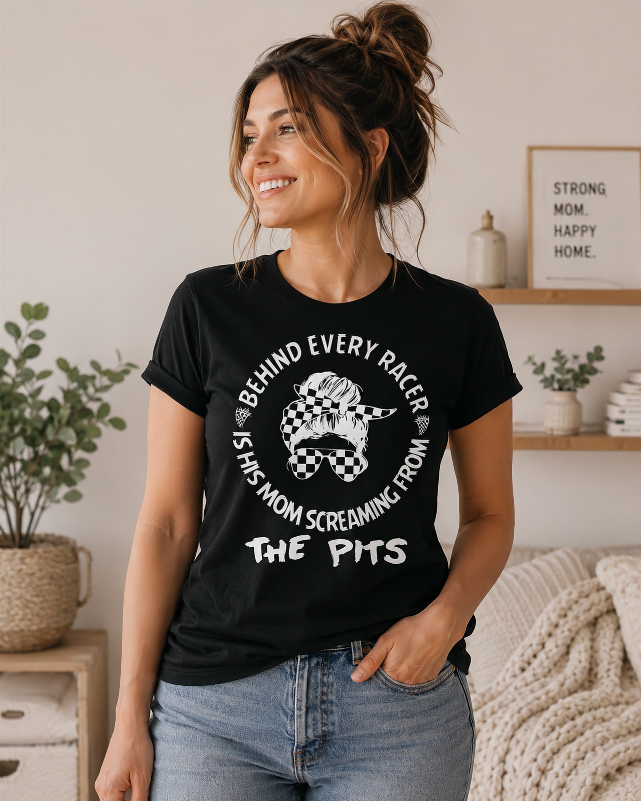 Women's motorsport apparel featuring the "Behind Every Racer Is His Mom Screaming From The Pits" design, available in premium t-shirts, racerback tanks, and warm hoodies.
