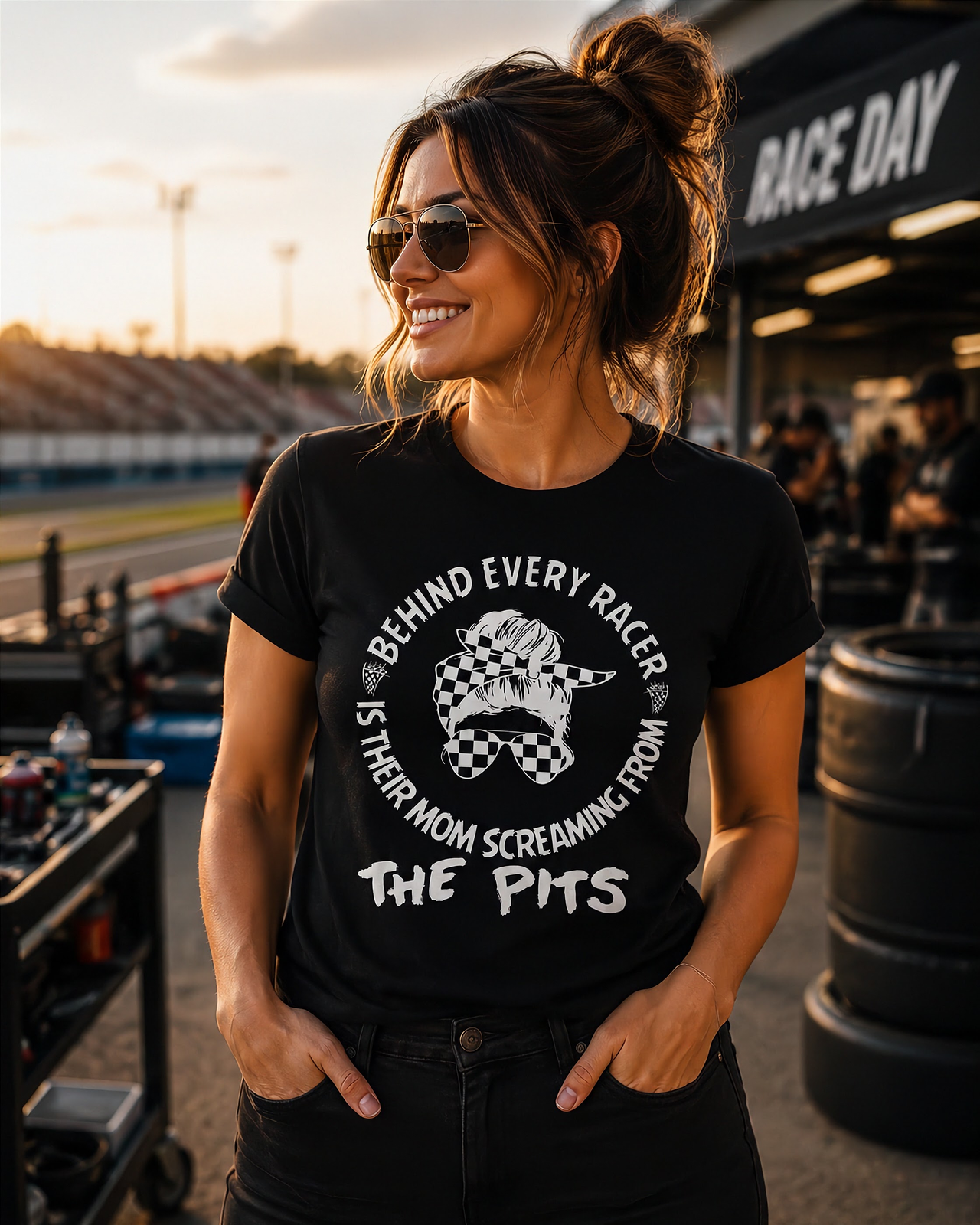 Women's motorsport apparel featuring the "Behind Every Racer Is Their Mom Screaming From The Pits" design, available in premium t-shirts, racerback tanks, and warm hoodies.