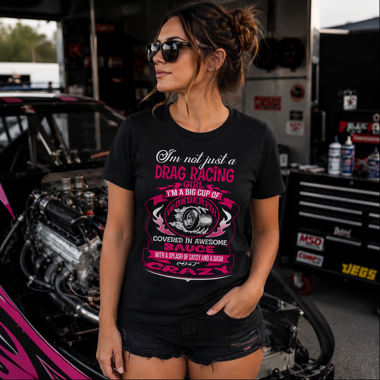 Women’s motorsports apparel featuring the bold statement "I'm Not Just A Drag Racing Girl," available in premium racerback tanks, v-neck tees, and soft-spun cotton shirts