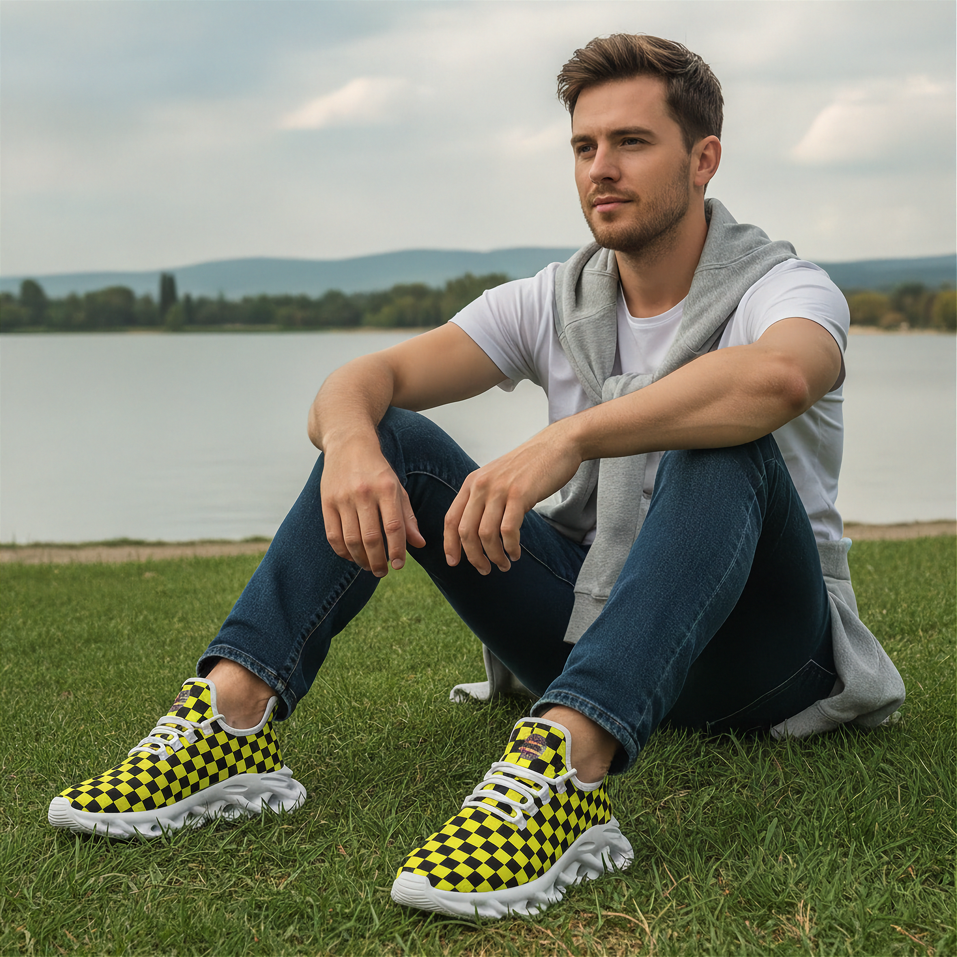 Man sitting on grass wearing checkered shoes with a lake and mountains in the background