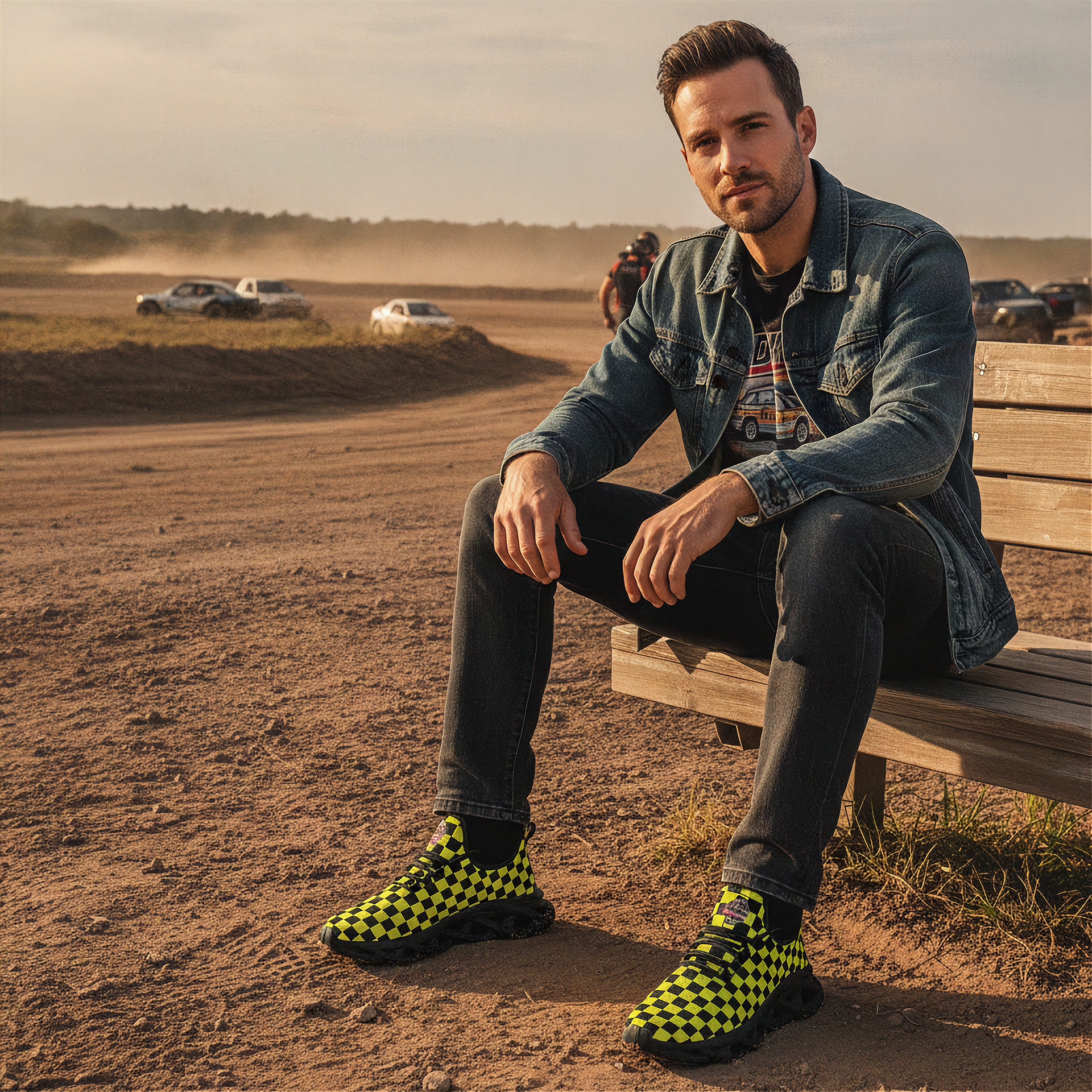 Man sitting on a wooden bench in an outdoor setting with vehicles in the background an wearing a yellow checkered shoes